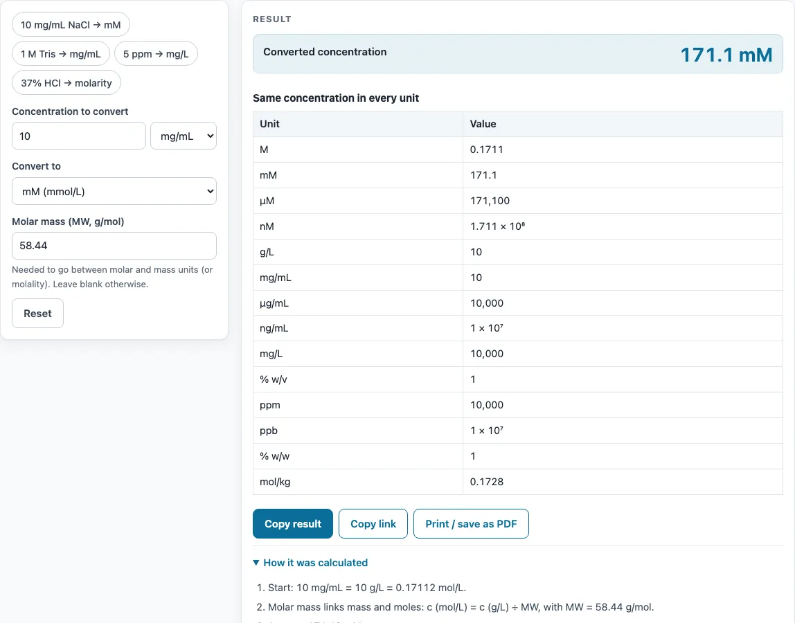 Concentration calculator example