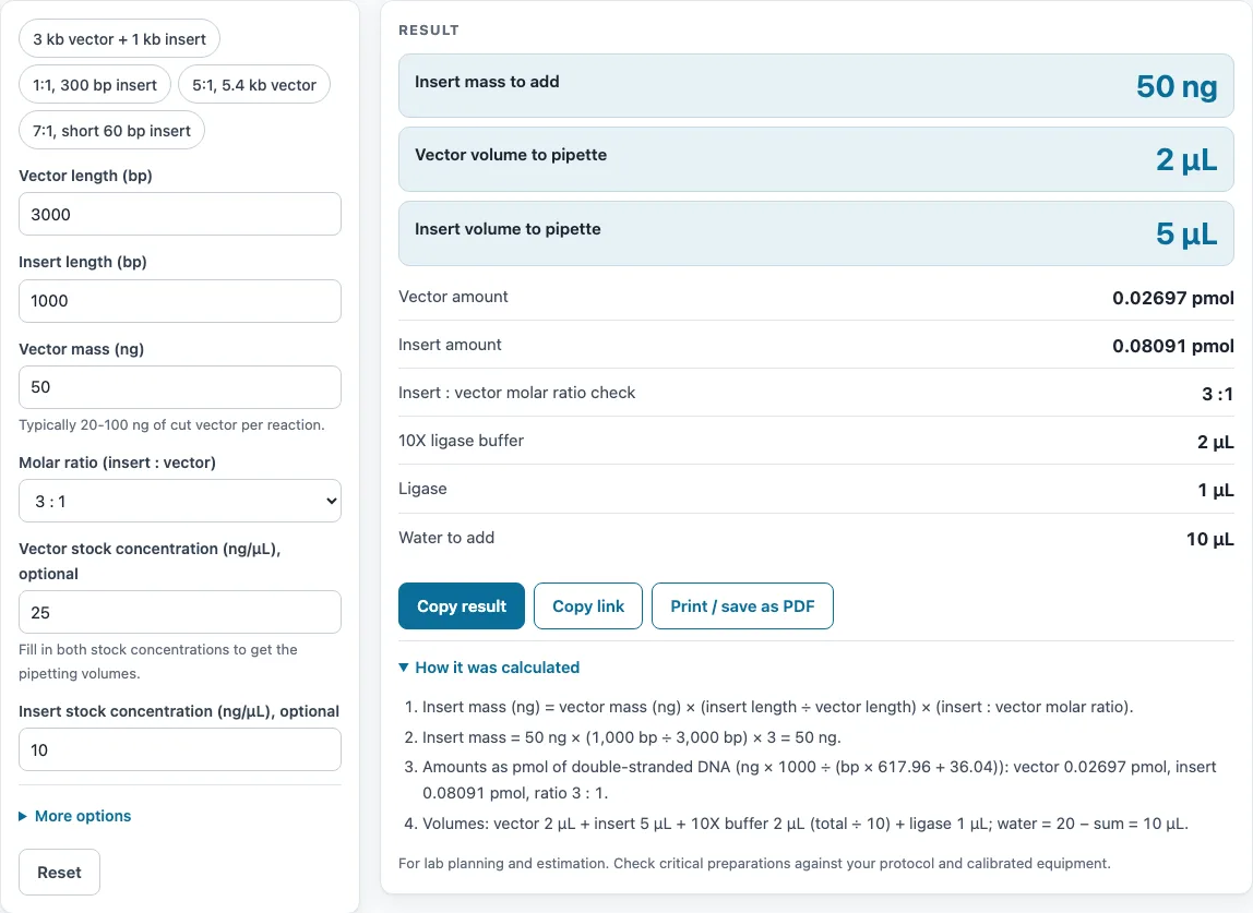 Neb ligation calculator example
