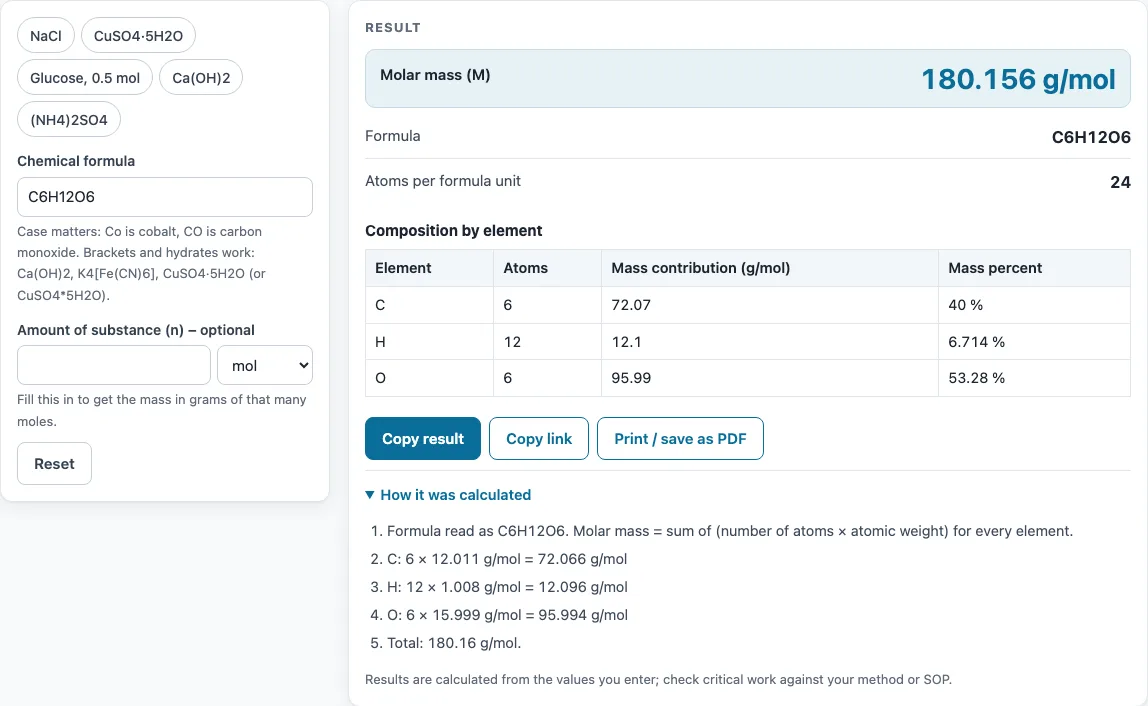 Chemical mass calculator example