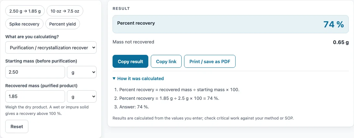Percent recovery formula example