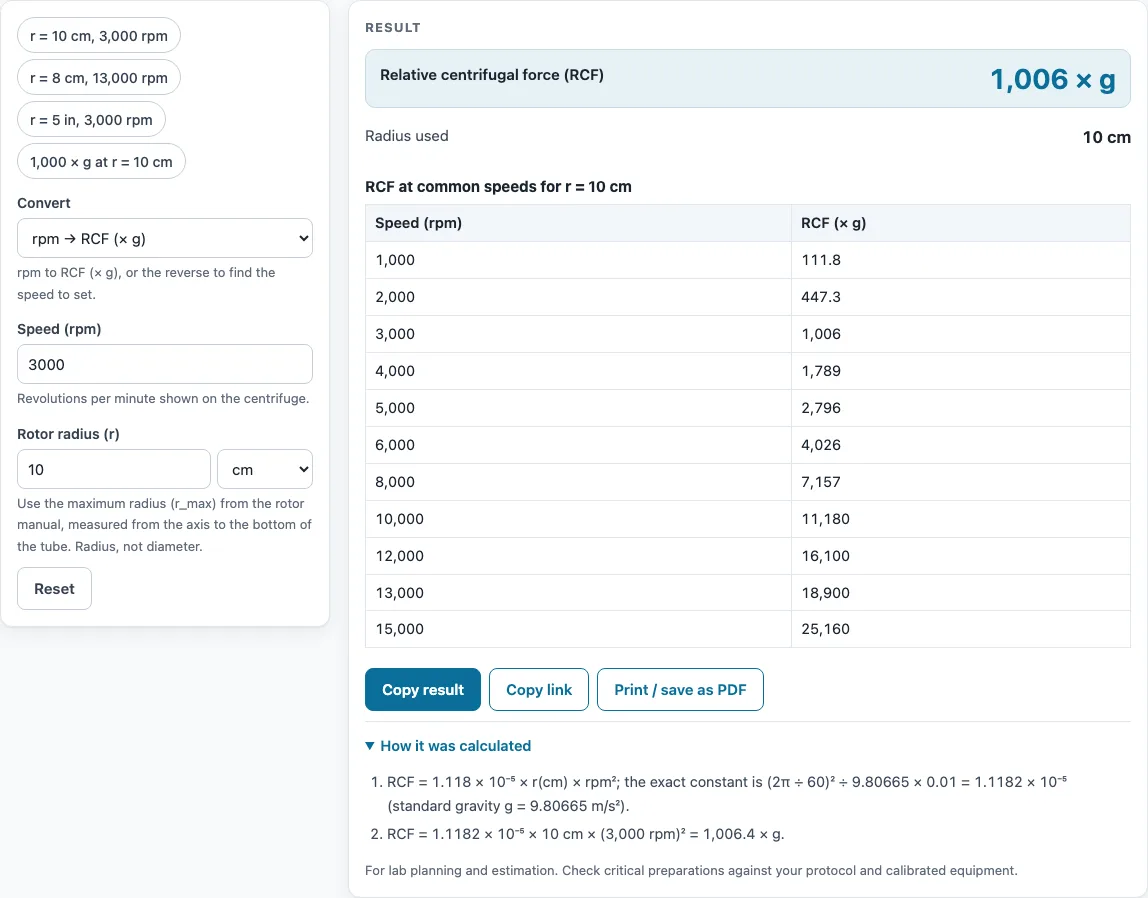 Rpm to rcf calculator example