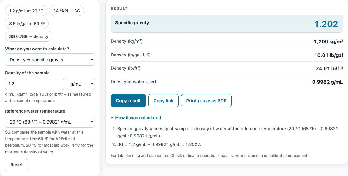 Specific gravity calculator example